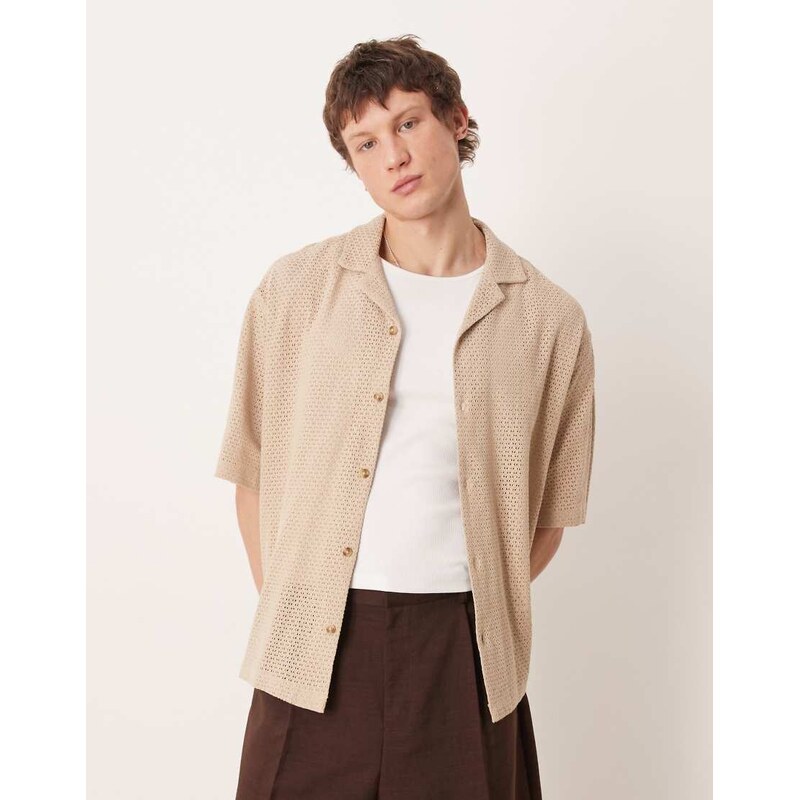 ASOS DESIGN oversized revere texture shirt in beige-Neutral