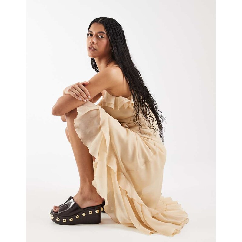Reclaimed Vintage maxi dress with ruffle details and asymmetric hem in 115033859