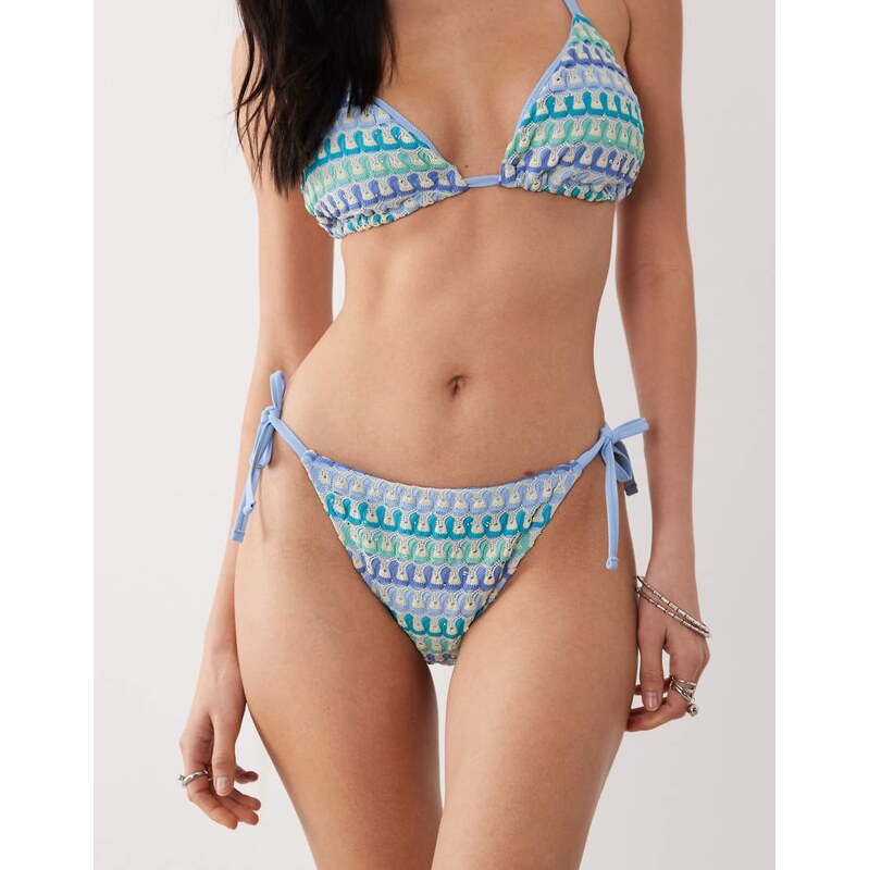 New Look crochet tie side bikini bottoms in blue pattern 115033882