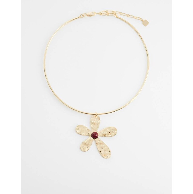 ASOS DESIGN torgue necklace with hammered flower pendant in gold tone 115033886