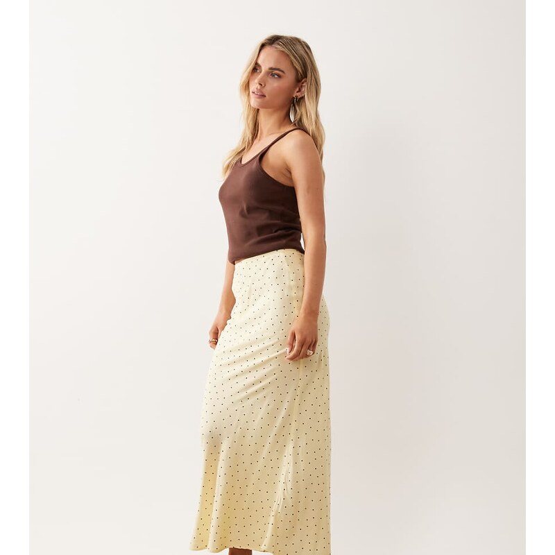 New Look Petite bias midi skirt in yellow polka dot