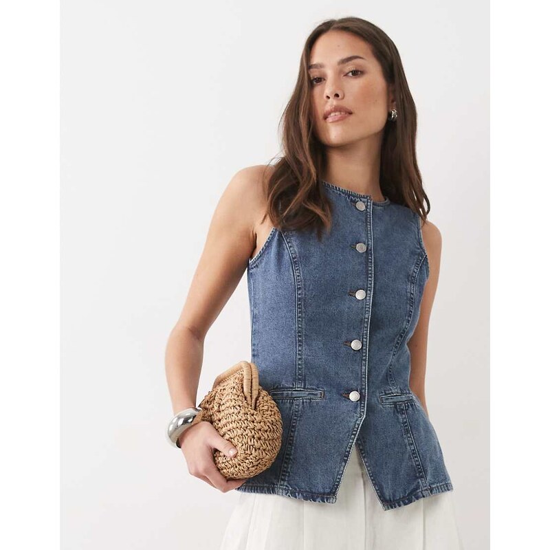 Threadbare crew neck denim waistcoat in mid wash blue