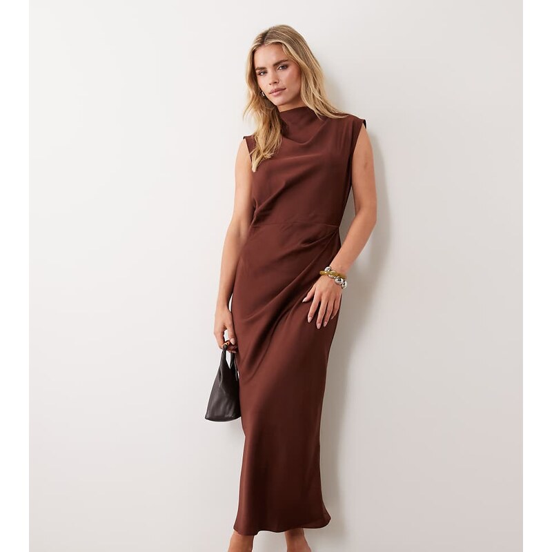 ASOS Petite ASOS DESIGN Petite satin high neck pleated bodice midi 115059156