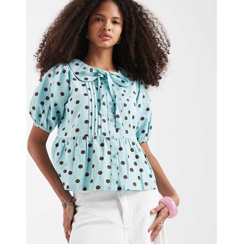 Neon Rose lias puff sleeve blouse in sea moss polka dot-Blue