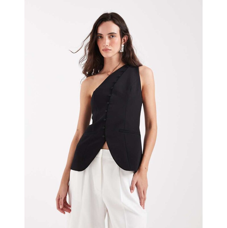 ASOS DESIGN Tailored one shoulder button detail top in black 115372735