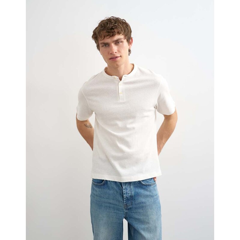 Topman relaxed fit linen mix henley t-shirt in ecru-White