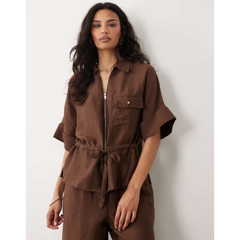 Mango Safa linen mix short sleeve tie waist jacket co-ord in brown 115079645
