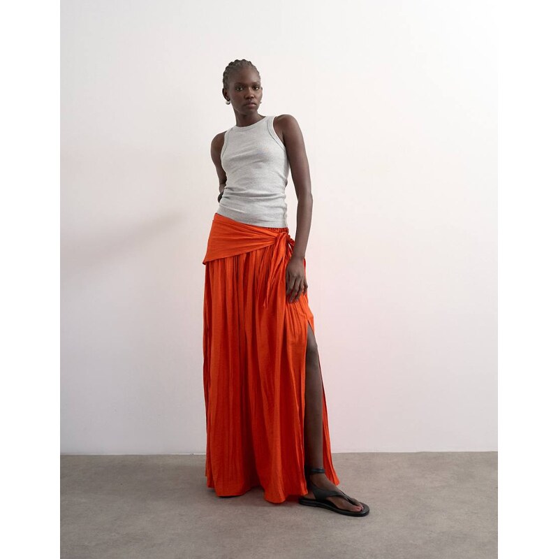 Topshop sash tie crinkle full maxi skirt in orange