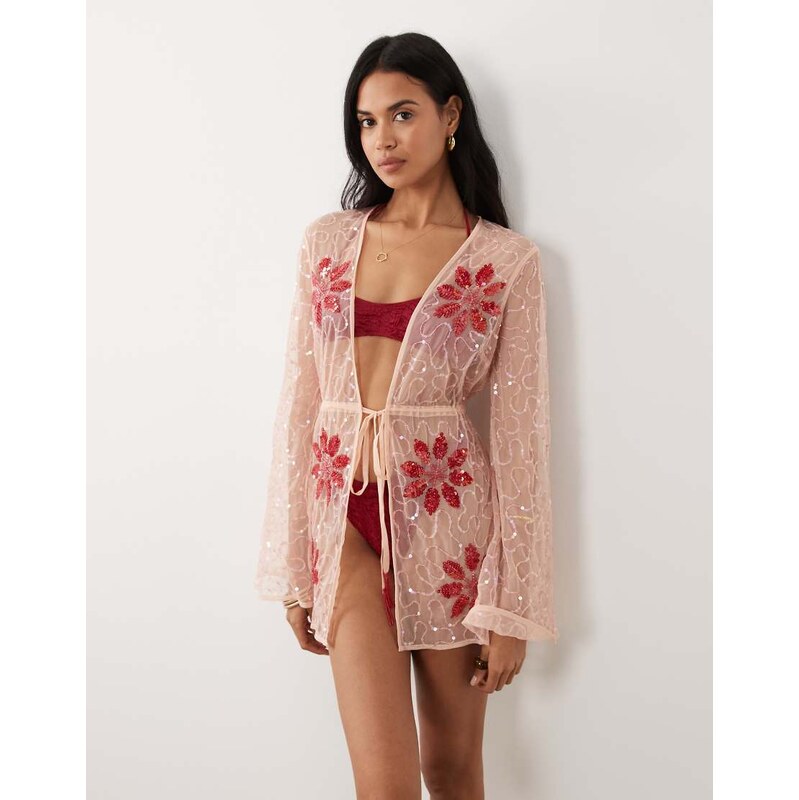 Miss Selfridge beach premium cinched waist beaded mini cover up