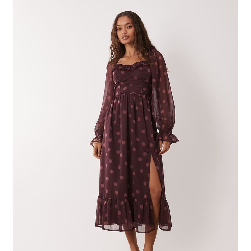 Miss Selfridge Petite corset maxi dress in wine polka dot-Multi 115040059