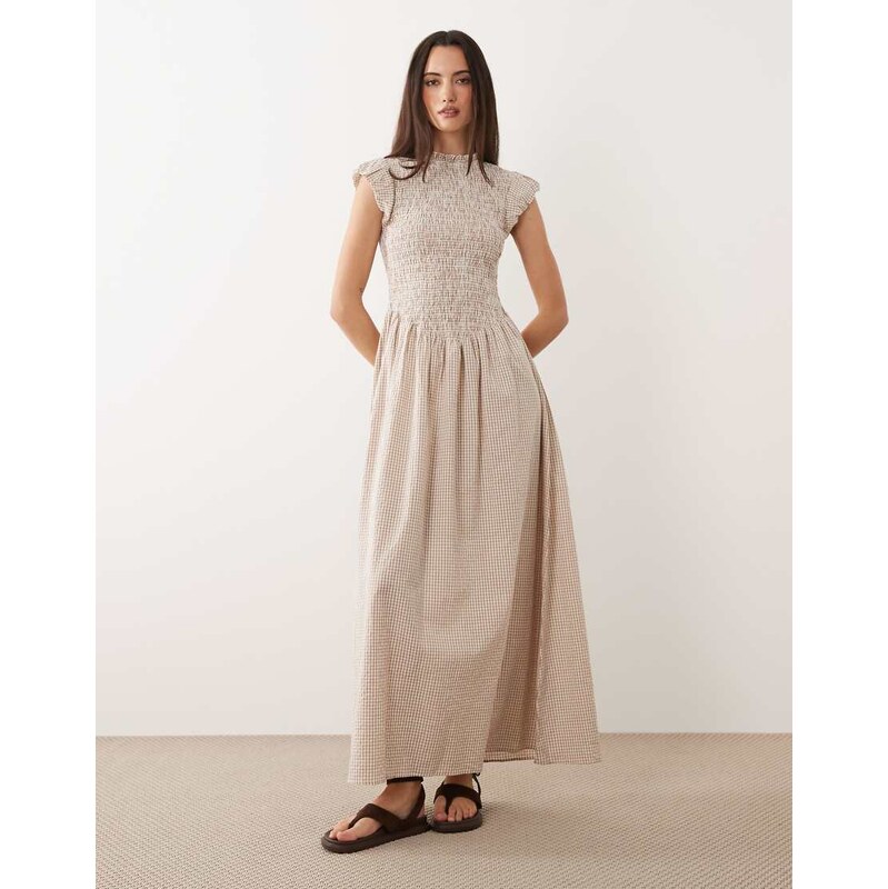 Brave Soul gingham maxi dress in brown with ruched bodice and