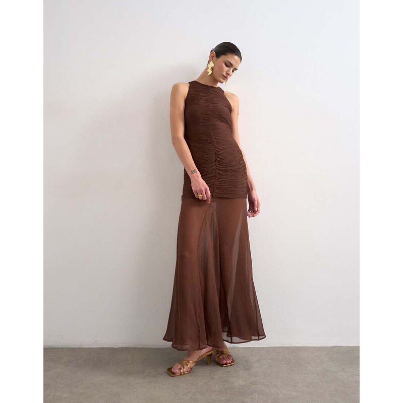 Topshop satin high neck pleated dropped waist maxi dress in chocolate 115043258