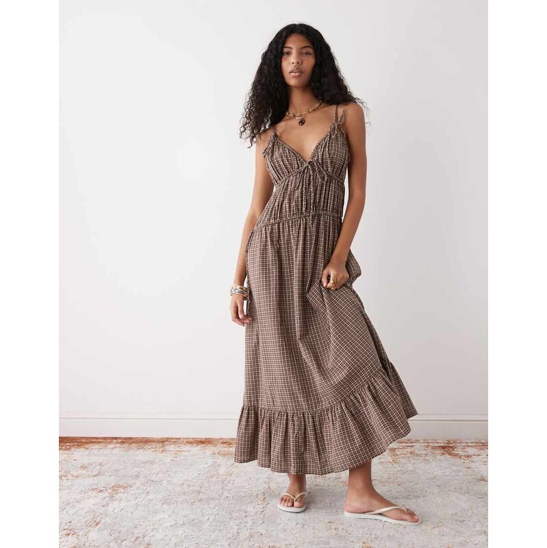 COLLUSION channel detail cami maxi dress in brown check 115036491