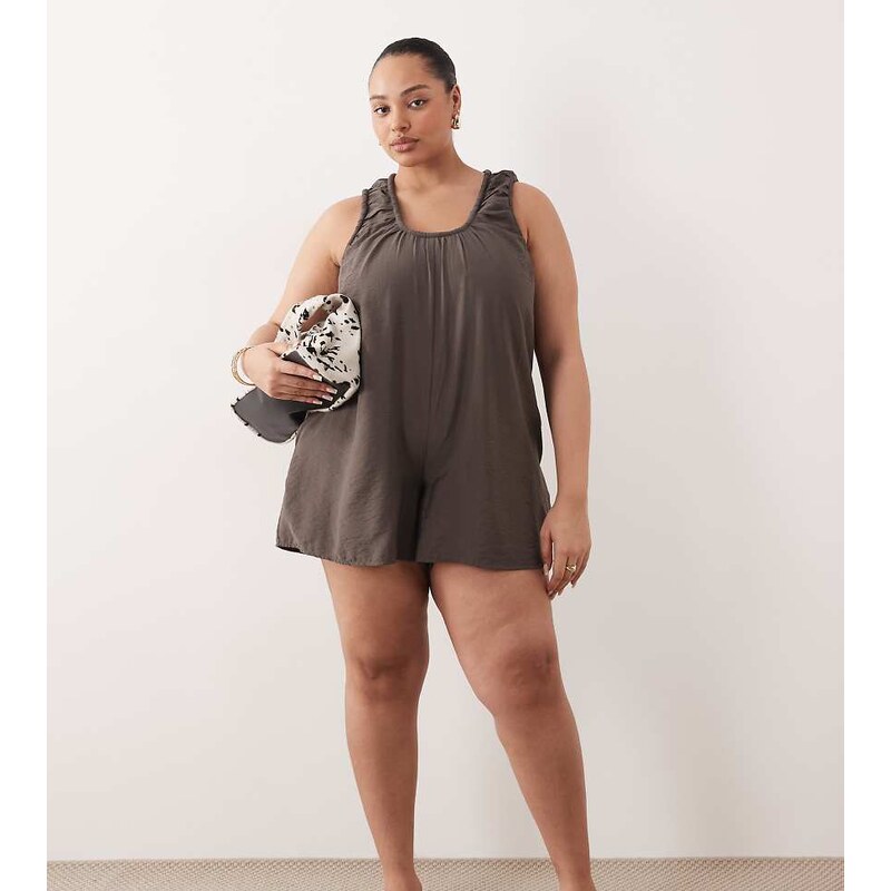 ASOS Curve ASOS DESIGN Curve scoop neck smock playsuit in charcoal 115036521