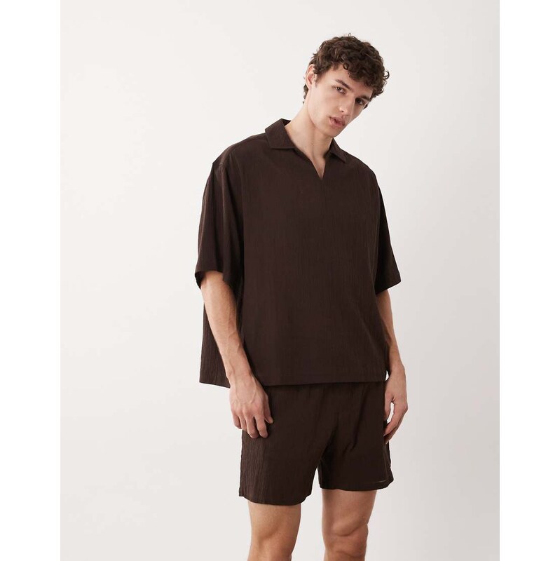 ASOS DESIGN co-ord crinkle texture shorts in mid length in brown