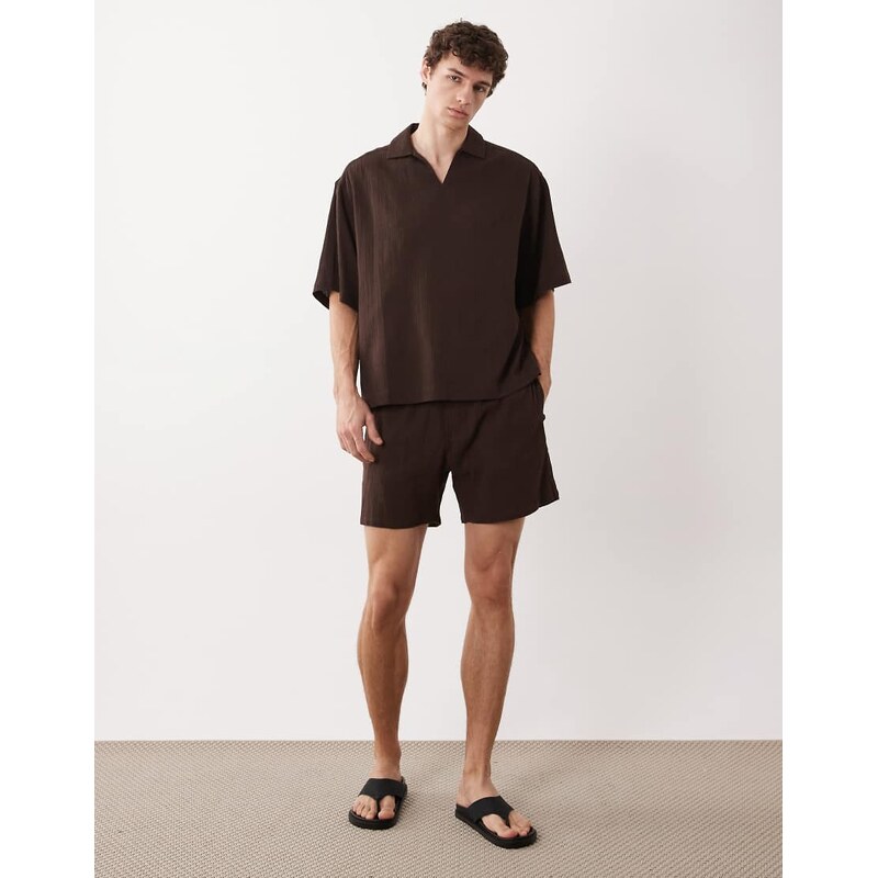 ASOS DESIGN co-ord crinkle texture shorts in mid length in brown
