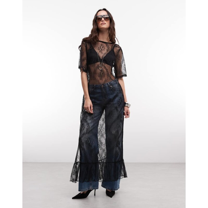 Noisy May scoop back sheer lace maxi dress in black 115036563