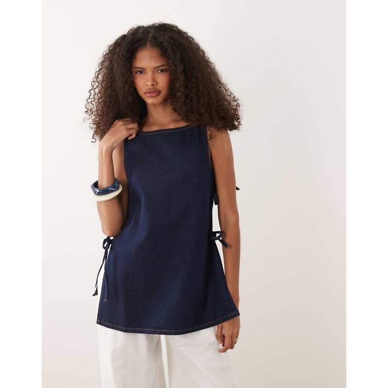 ASOS DESIGN tie side denim long line top in indigo-Blue