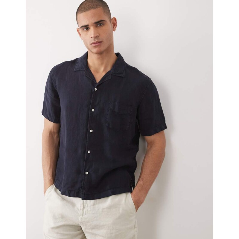 GANT garment dyed open collar linen shirt in navy