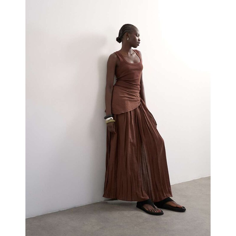 Topshop sash tie crinkle full maxi skirt in chocolate-Brown