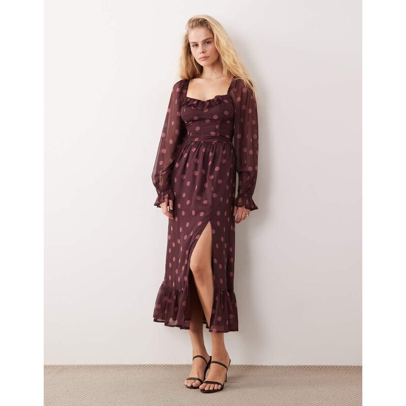 Miss Selfridge corset maxi dress in wine polka dot-Multi
