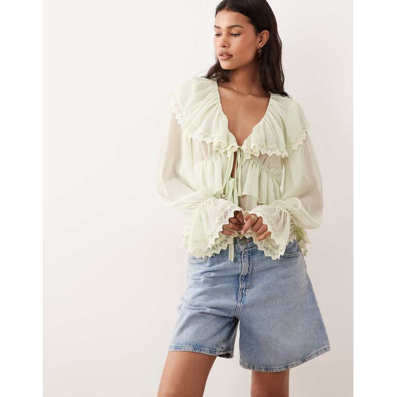 Miss Selfridge chiffon ruffle tie front blouse in mint-Green 115517117