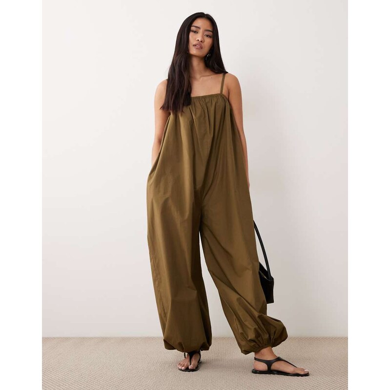 ASOS DESIGN balloon leg strappy jumpsuit in olive-Green