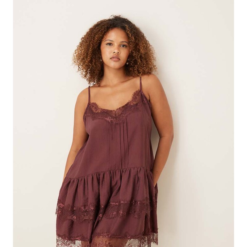ASOS Curve ASOS DESIGN Curve cami tiered ruffle lace detail satin mini 115519766