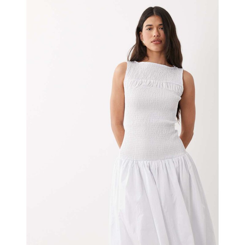 ASOS DESIGN shirred poplin maxi dress with volume skirt in cream-White