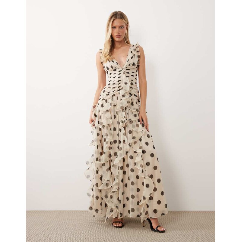 ASOS LUXE ruched maxi dress with waterfall detail in brown polka