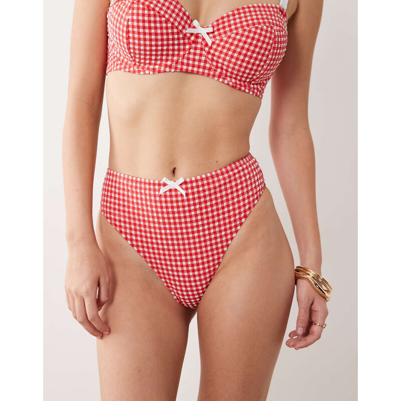 Peek & Beau high waist bikini bottom with bow detail in red gingham 115040107