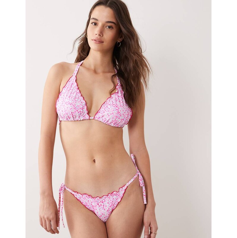Peek & Beau triangle bikini top with frill trim in ditsy floral