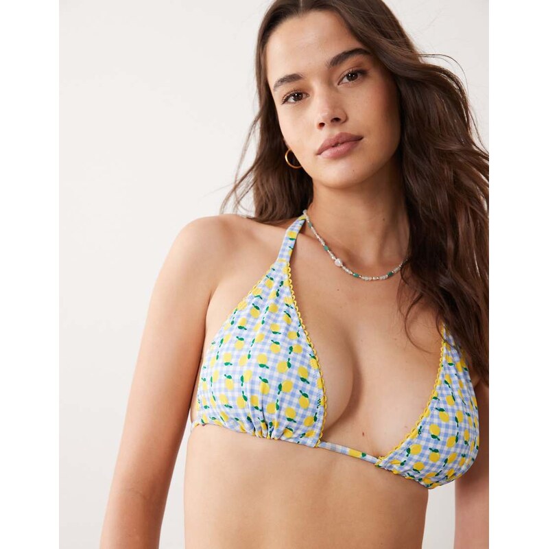 Peek & Beau triangle bikini top in blue gingham & lemon print