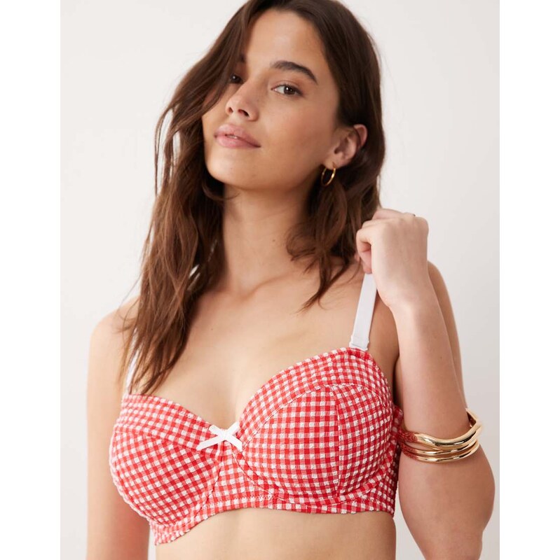 Peek & Beau underwire bikini top with bow detail in red gingham 115040114