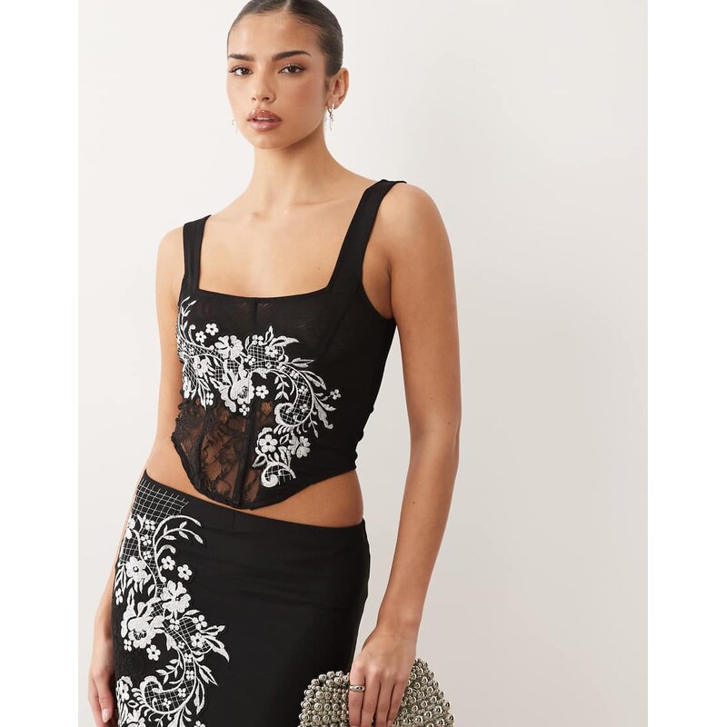 ASOS DESIGN co-ord mesh embroidered corset top in black and