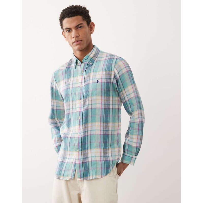 Polo Ralph Lauren icon logo checked linen long sleeve shirt in