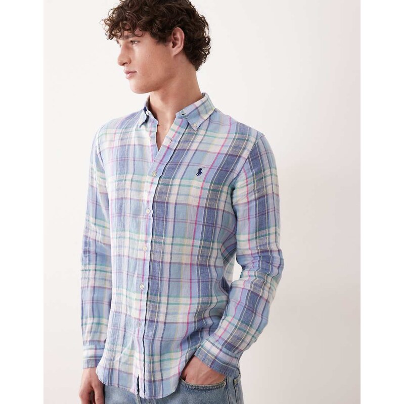 Polo Ralph Lauren icon logo checked linen long sleeve shirt in