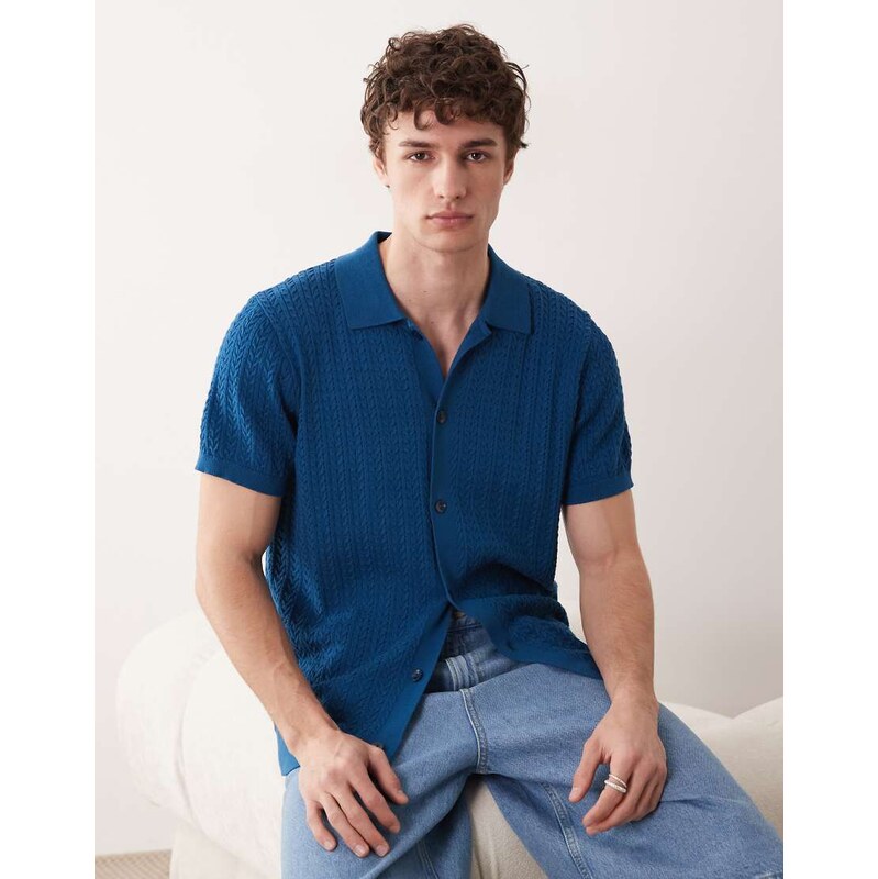 South Beach button down knit shirt in mid blue