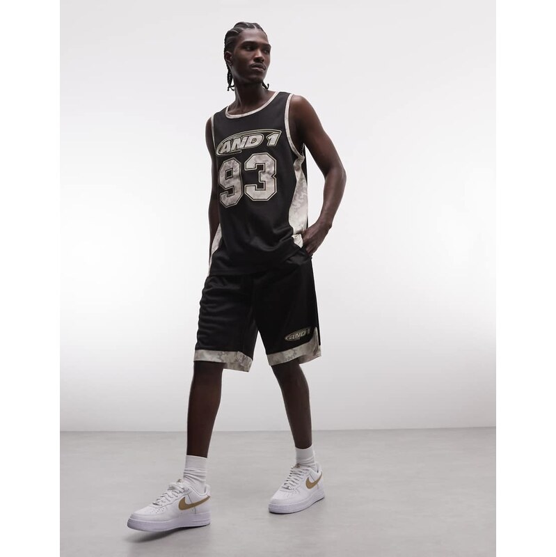 AND1 logo airtex basketball shorts with contrast camo trim in black 115040264