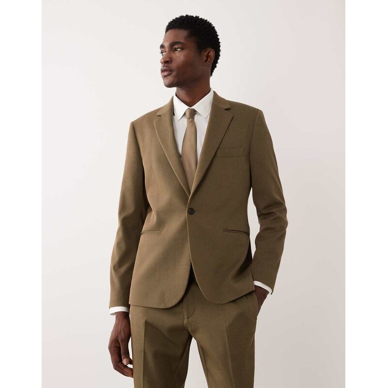 ASOS DESIGN skinny suit jacket in khaki cotton blend twill-Green
