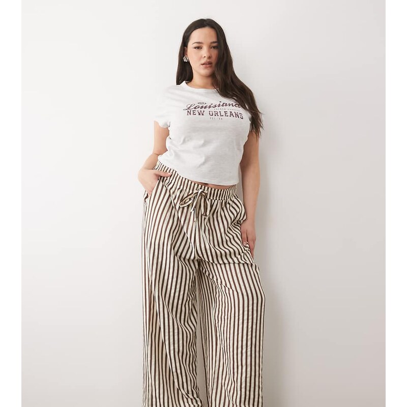 New Look Plus New Look Curve wide leg stripe trousers in brown