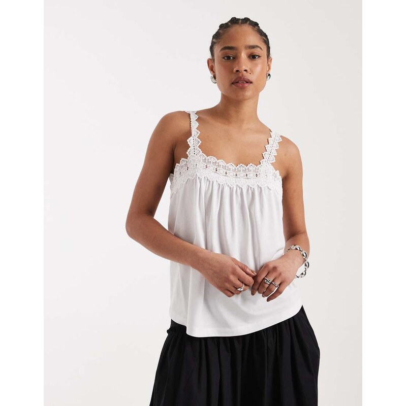 New Look square neck lace trim cami in white