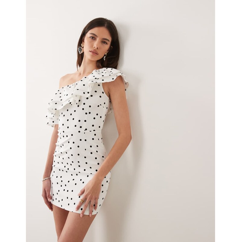 New Look one shoulder ruffle polka dot mini dress in cream-White