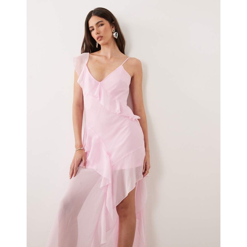 New Look asymmetric chiffon midi dress in pink-Purple 115052098