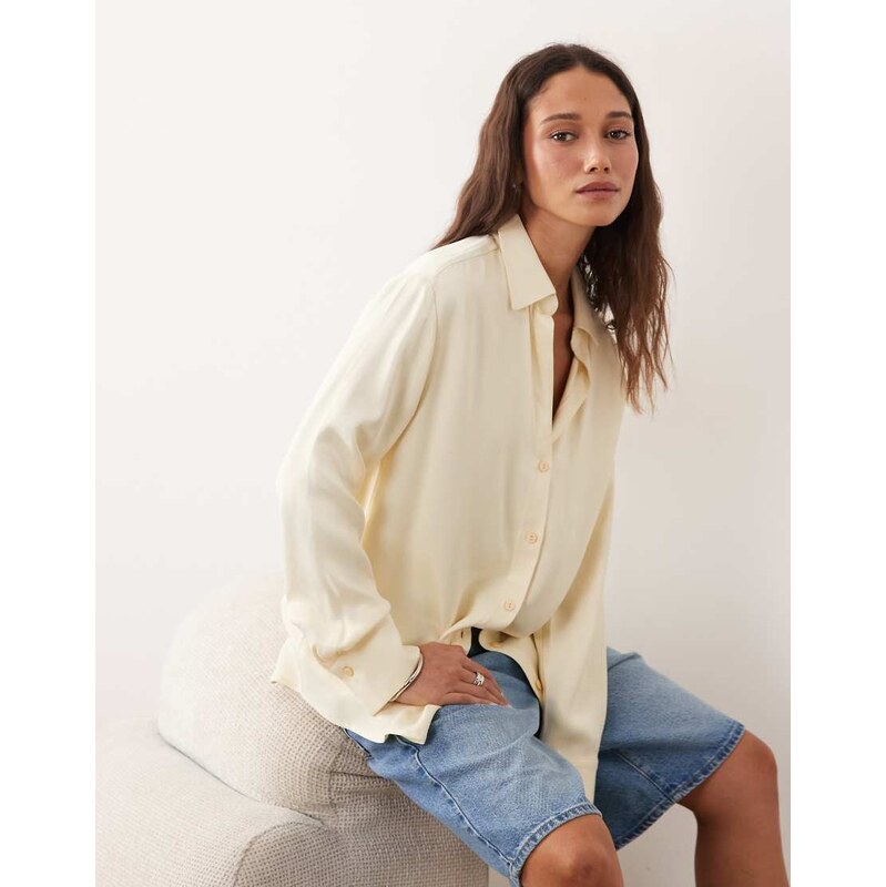 Miss Selfridge oversized button down satin shirt in buttermilk-Yellow 115535810
