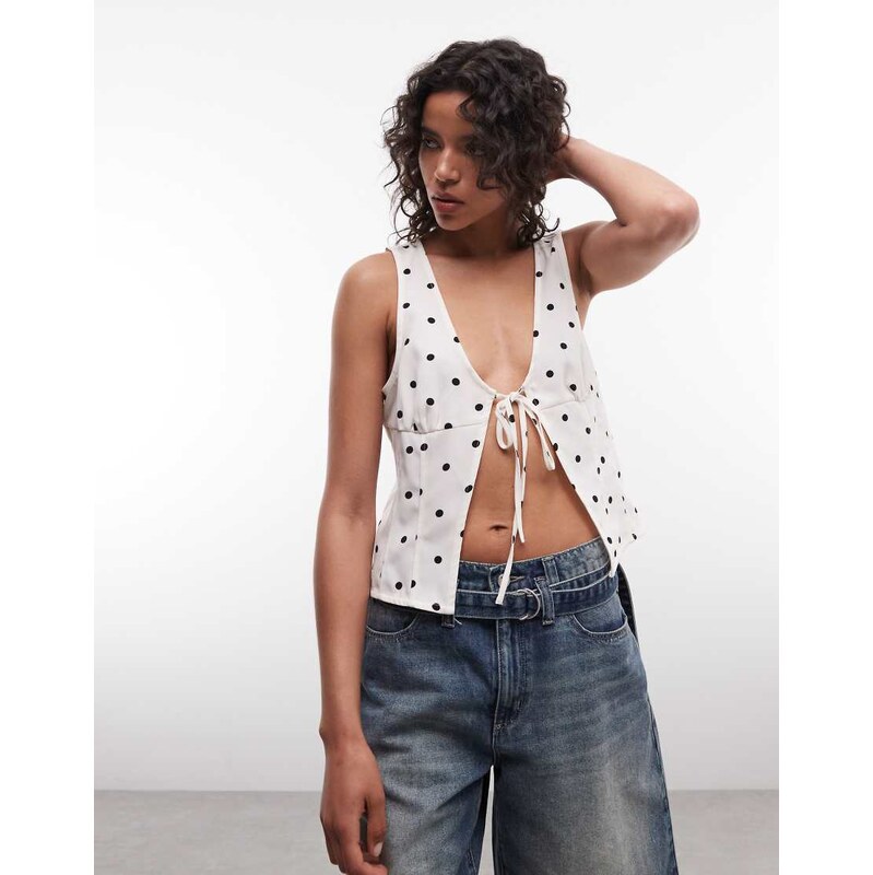 Noisy May tie front vest in white polka dot