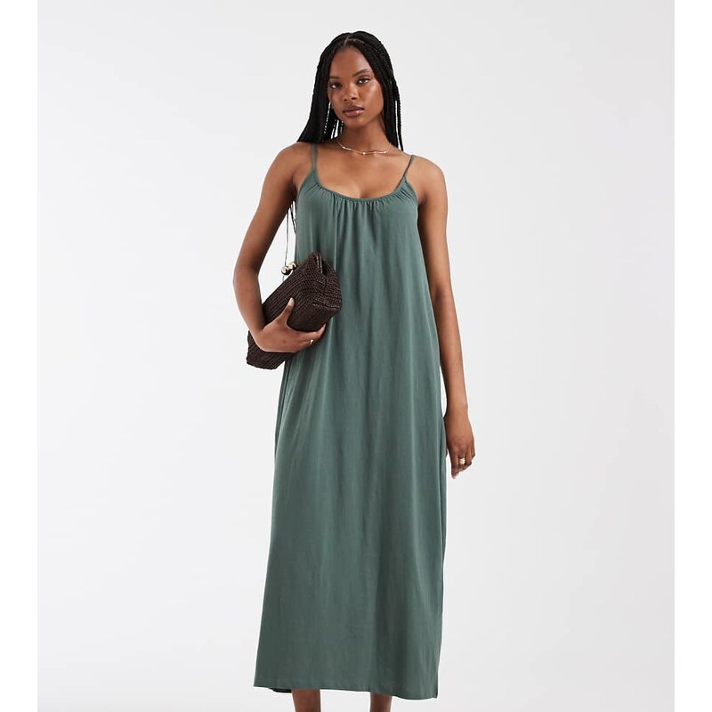 Vero Moda Tall chuck on cami maxi dress in khaki-Green