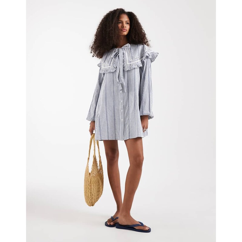 Neon Rose ruffle edged long sleeve babydoll dress in blue stripe