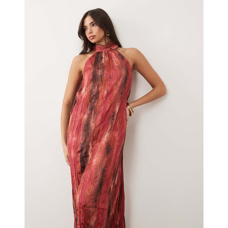 Vila halter neck crepe maxi dress in pink blur print