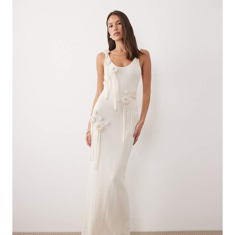 Wanderdoll Lillie knitted scoop neck corsage tassel detail maxi